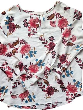LOFT White Blouse with Pink Floral and Blue Accents Button Bell Sleeve